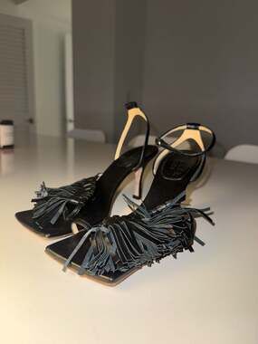 A.W.A.K.E. MODE Black Leather Delta Tassel Square Toe Sandals Size 36.5